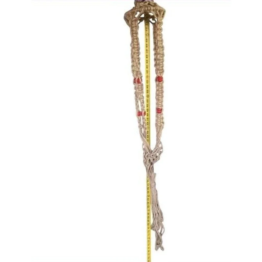 70s Macrame Thick Jute Plant Hanger 72” Long Natural Brown Boho Chunky Red Beads